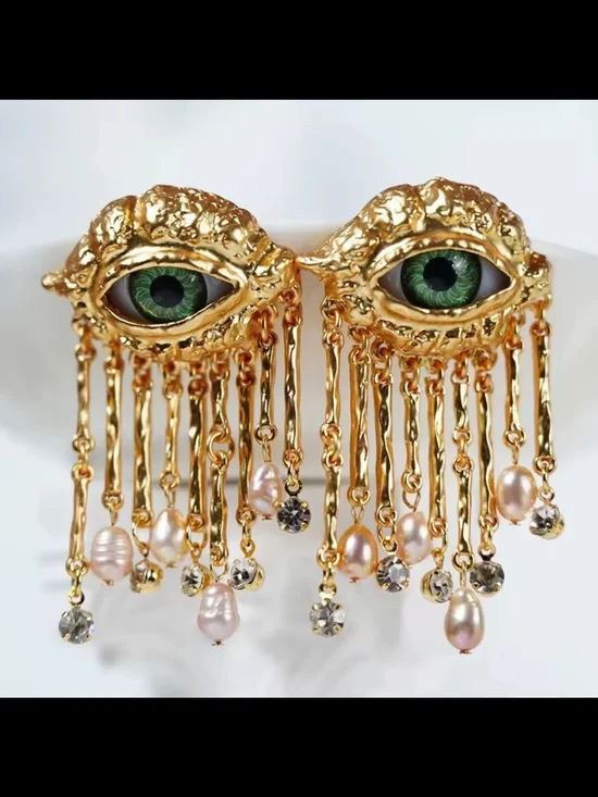 Gold Eye Drop Earrings with Green Iris and Pink Pearls - Picture 2 of 7